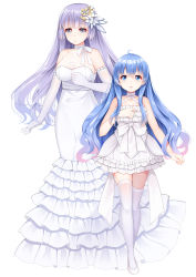 Rule 34 | 2girls, :o, absurdres, ahoge, alternate costume, arm at side, bare arms, bare shoulders, blue eyes, blue hair, blunt bangs, bow, breasts, choker, cleavage, clenched hand, clenched hands, closed mouth, crescent, crescent hair ornament, criss-cross halter, date a live, dress, elbow gloves, female focus, fengli (709622571), floating hair, frilled dress, frills, full body, gloves, grey eyes, hair between eyes, hair ornament, halterneck, hand up, highres, izayoi miku, large breasts, light purple hair, long dress, long hair, multiple girls, neck, open mouth, pantyhose, ribbon, ribbon choker, see-through, see-through dress, short dress, sidelocks, simple background, small breasts, smile, standing, thighhighs, very long hair, wavy hair, wedding dress, white background, white bow, white choker, white dress, white footwear, white gloves, white legwear, white ribbon, yoshino (date a live)