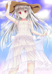 Rule 34 | 10s, 1girl, absolute duo, bare shoulders, blush, day, dress, frills, from below, gradient background, hand on headwear, hat, highres, kasugano sora, long hair, open mouth, outdoors, panties, pink eyes, red eyes, see-through, silver hair, sky, solo, sun hat, sundress, tongtongtong, underwear, white dress, yosuga no sora, yurie sigtuna