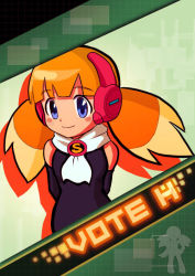 Rule 34 | 1girl, blonde hair, blue eyes, blush stickers, call (mighty no. 9), call h, detached sleeves, long hair, mighty no. 9, multicolored hair, orange hair, pontata, poster (medium), robot ears, scarf, solo, twintails, two-tone hair