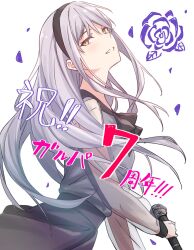 Rule 34 | 1girl, bang dream!, black bow, black bowtie, black hairband, bow, bowtie, commentary, cowboy shot, floating hair, grey shirt, grey skirt, hairband, highres, holding, holding microphone, light blush, long hair, long sleeves, looking at viewer, microphone, minato yukina, open mouth, see-through, see-through sleeves, shirt, sidelocks, skirt, solo, sou (user hgyh8775), translation request, white background, white hair, yellow eyes