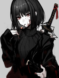 Rule 34 | 1girl, absurdres, black coat, black hair, blood, blood on clothes, blood on face, chuhaibane, cigarette, coat, grey background, highres, katana, limbus company, project moon, red eyes, ryoshu (project moon), sheath, sheathed, simple background, smoke, smoking, solo, sword, weapon