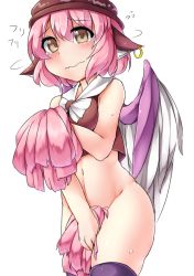 Rule 34 | 1girl, animal ears, bird wings, blush, bottomless, brown eyes, cheerleader, covering privates, covering crotch, fun bo, hat, mystia lorelei, navel, no panties, pink hair, pom pom (cheerleading), shirt, skirt, solo, tears, thighhighs, touhou, wavy mouth, wings