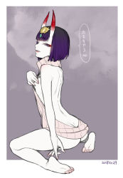 Rule 34 | 1girl, ass, back, backless dress, backless outfit, bare back, bare shoulders, barefoot, bob cut, breasts, butt crack, dress, fate/grand order, fate (series), headpiece, horns, looking at viewer, looking back, meme attire, naked sweater, oni, open mouth, purple eyes, purple hair, ribbed sweater, short hair, shuten douji (fate), sideboob, simple background, sitting, skin-covered horns, small breasts, smile, solo, sumeragi kohaku, sweater, sweater dress, translation request, turtleneck, turtleneck sweater, virgin killer sweater, wariza