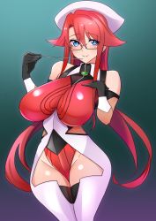 Rule 34 | 1girl, aty (summon night), baron (nsbaron), beret, blue eyes, bodysuit, breasts, covered navel, cowboy shot, glasses, hat, impossible bodysuit, impossible clothes, large breasts, long hair, pointer, red hair, shiny clothes, skin tight, solo, summon night, summon night 3, taimanin (series), taimanin suit, teacher, white footwear