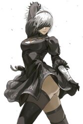 Rule 34 | 1girl, 2b (nier:automata), absurdres, arm up, ass, black blindfold, black dress, black thighhighs, blindfold, cleavage cutout, closed mouth, clothing cutout, covered eyes, dress, feather-trimmed sleeves, gloves, highres, mole, mole under mouth, nier:automata, nier (series), short hair, simple background, solo, standing, thighhighs, thighs, upskirt, uqi32, white background