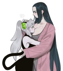 Rule 34 | 2girls, animal ears, areola slip, bad id, bad poipiku id, black hair, breasts, cat ears, cat girl, cat tail, cleavage, covered erect nipples, dress, genderswap, genderswap (mtf), grey dress, grey hair, heart, large breasts, long hair, luo xiaohei, mandudaein, multiple girls, pink sweater, profile, shadow, sleeveless, speech bubble, sweater, tail, luo xiaohei zhanji, very long hair, wuxian (the legend of luoxiaohei), yuri
