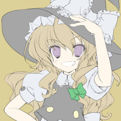 Rule 34 | 1girl, blonde hair, blush, female focus, gotou nao, grin, hand on own hip, hat, kirisame marisa, long hair, ribbon, simple background, sketch, smile, solo, touhou, witch, witch hat