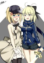 Rule 34 | !, 2girls, absurdres, ahoge, anger vein, artoria pendragon (all), artoria pendragon (fate), bare shoulders, baseball cap, black bow, black pantyhose, blue eyes, blue jacket, blush, bow, breasts, cleavage, cosplay, costume switch, detached collar, detached sleeves, dress, excalibur (fate/stay night), fate/grand order, fate/stay night, fate (series), gloves, green eyes, hair between eyes, hair bow, hair through headwear, hat, highres, holding, holding sword, holding weapon, jacket, long hair, looking at viewer, medium breasts, multiple girls, mysterious heroine x (fate), mysterious heroine x (fate) (cosplay), nose blush, open mouth, pantyhose, ponytail, ryle, saber lily, saber lily (cosplay), scarf, short shorts, shorts, sparkle, sword, track jacket, weapon, white dress, white gloves