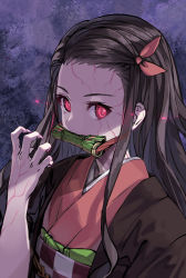 Rule 34 | 1girl, bamboo, bit gag, black hair, blouse, commentary request, face, fingernails, forehead, gag, hair ribbon, japanese clothes, kamado nezuko, kimetsu no yaiba, kimono, long hair, looking at viewer, mouth hold, open clothes, open shirt, pink eyes, pink kimono, pink ribbon, ribbon, sharp fingernails, shirt, slit pupils, solo, tagme, teeth, upper teeth only, very long hair, yahako