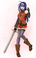Rule 34 | 1girl, bare shoulders, belt, blue hair, boots, breasts, detached sleeves, elbow gloves, female focus, fingerless gloves, fire emblem, fire emblem: radiant dawn, gloves, green eyes, grey thighhighs, hairband, hazuki (nyorosuke), headband, highres, long hair, mia (fire emblem), nintendo, open mouth, simple background, smile, solo, sword, thighhighs, weapon
