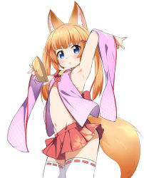 Rule 34 | 1boy, animal ear fluff, animal ears, arm up, armpits, blue eyes, commentary request, covered erect nipples, cowboy shot, flat chest, floral print, fox ears, fox shadow puppet, fox tail, from side, frown, hair ornament, hairclip, highres, kemomimi oukoku kokuei housou, long hair, looking at viewer, male focus, mikoko (kemomimi oukoku kokuei housou), miniskirt, \\n/, navel, niko (tama), orange hair, red skirt, ribbon-trimmed legwear, ribbon trim, simple background, skirt, solo, stomach, tail, thighhighs, trap, twintails, virtual youtuber, white background, white thighhighs, wide sleeves, zettai ryouiki