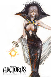 Rule 34 | arcturus, arcturus: the curse and loss of divinity, areola slip, black dress, bracelet, breasts, cleavage, concept art, dress, elizabeth bathory, grey hair, high collar, jewelry, large breasts, magic, official art, witch