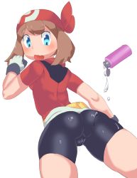 Rule 34 | 1girl, alternate color, ass, bike shorts, blush, breasts, cameltoe, creatures (company), game freak, highres, looking back, lube, man0., may (pokemon), nintendo, open mouth, pokemon, shiny clothes, short hair, small breasts, solo, white background
