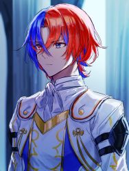 Rule 34 | 1boy, alear (fire emblem), alear (male) (fire emblem), ascot, blue eyes, blue hair, closed mouth, commentary request, cropped jacket, crossed bangs, fire emblem, fire emblem engage, hair between eyes, heterochromia, highres, indoors, jacket, looking away, male focus, multicolored hair, nintendo, red eyes, red hair, short hair, solo, tomo shirasu, two-tone hair, upper body, white ascot, white jacket