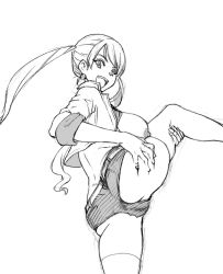 Rule 34 | ass, ass focus, breasts, breasts out, earrings, gundam, gundam tekketsu no orphans, jacket, jewelry, lafter frankland, long hair, micro shorts, monochrome, nipples, open clothes, open jacket, open mouth, pearl earrings, sexually suggestive, shiwasu no okina, shorts, simple background, sketch, smile, standing, standing on one leg, teeth, thighhighs, twintails, white background