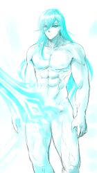Rule 34 | 1boy, absurdres, ainchase ishmael, blue eyes, blue hair, completely nude, elsword, erection, highres, long hair, looking at viewer, muscular, muscular male, nude, pinkmarine, richter (elsword), sketch, solo, standing, sword, weapon, what