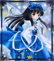 Rule 34 | 1girl, :o, black hair, bow, capelet, dress, fairy wings, female focus, hair bow, hand on own chest, juliet sleeves, long hair, long sleeves, looking at viewer, marker (medium), night, night sky, puffy sleeves, sky, solo, star (symbol), star sapphire, tegaki no yuu, touhou, traditional media, wide sleeves, wings, yellow eyes