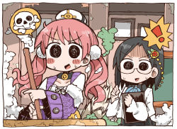 Rule 34 | !, 10s, 2girls, adomi, atelier (series), atelier escha &amp; logy, black hair, blush stickers, book, choker, day, escha malier, female focus, glasses, hair ornament, hat, holding, long hair, long sleeves, marion quinn, multiple girls, outdoors, pink hair, pom pom (clothes), short hair, skull and crossbones, smoke, speech bubble, spoken exclamation mark, spoken object, sweat, twintails, wide sleeves