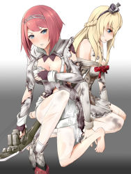 Rule 34 | 10s, 2girls, ark royal (kancolle), barefoot, black hairband, blonde hair, blue eyes, blunt bangs, blush, bob cut, boots, bow (weapon), braid, breasts, cleavage, cleavage cutout, clothing cutout, compound bow, covering privates, covering breasts, crown, dress, fingerless gloves, flower, french braid, frown, gloves, gradient background, gudon (iukhzl), hair between eyes, hairband, hands on floor, holding, holding weapon, jacket, jewelry, kantai collection, kneeling, long hair, looking at viewer, medium breasts, mini crown, multiple girls, necklace, on one knee, open mouth, overskirt, pantyhose, red flower, red hair, red ribbon, red rose, ribbon, rose, short hair, shorts, sitting, tiara, torn clothes, torn legwear, warspite (kancolle), weapon, white jacket, white legwear