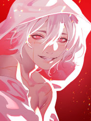 Rule 34 | 1girl, bad id, bad twitter id, bare shoulders, black survival, collarbone, hair between eyes, highres, hood, hood up, red background, scar, scar on face, smile, solo, teeth, values-of-the-world, white hair