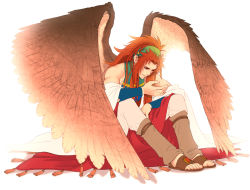 Rule 34 | 1boy, braid, feathered wings, hairband, harukanaru toki no naka de, harukanaru toki no naka de 4, kiske, large wings, long hair, multiple braids, red eyes, red hair, sandals, sazaki, sitting, solo, toes, toned, toned male, wings