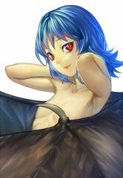 Rule 34 | 1girl, aritoki ritsu, armpits, arms up, bat wings, black wings, blue hair, breasts, censored, convenient censoring, covering privates, covering breasts, female focus, lips, looking at viewer, no headwear, nude, red eyes, remilia scarlet, short hair, simple background, slit pupils, small breasts, smile, solo, touhou, white background, wing censor, wings
