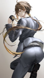Rule 34 | 1boy, absurdres, alternate costume, artist request, ass, blonde hair, brown hair, formal, from behind, genshin impact, gloves, gradient hair, highres, long hair, looking at viewer, low ponytail, multicolored hair, pants, ponytail, shiny clothes, shirt, solo, suit, very long hair, yellow eyes, zhongli (genshin impact)