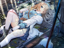 Rule 34 | 1girl, black footwear, blue hairband, blue jacket, blue skirt, blush, boots, breasts, bullet, commentary request, flower, girls&#039; frontline, gloves, gun, hair between eyes, hair ornament, hairband, hand up, jacket, knee up, light brown hair, long hair, long sleeves, looking at viewer, lying, medium breasts, name connection, object namesake, on back, one eye closed, one side up, open mouth, pleated skirt, skirt, snowflake hair ornament, solo, striped clothes, striped skirt, submachine gun, sunlight, suomi (girls&#039; frontline), suomi kp/-31, thighhighs, torn clothes, torn jacket, torn skirt, vertical-striped clothes, vertical-striped skirt, very long hair, weapon, white flower, white gloves, white thighhighs, yano mitsuki (nanairo)