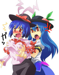 Rule 34 | 2girls, ^^^, annoyed, blue hair, blush, bow, bowtie, breast envy, breasts, embarrassed, female focus, food, frills, fruit, grabbing, grabbing another&#039;s breast, groping, hat, hat bow, hat ribbon, hinanawi tenshi, large breasts, long hair, looking down, multiple girls, nagae iku, nose blush, open mouth, peach, red eyes, ribbon, shirt, simple background, skindentation, skirt, squemezzo, standing, surprised, taut clothes, taut shirt, tongue, touhou, white background