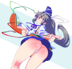 Rule 34 | 1girl, ass, bare legs, black footwear, blue eyes, blue skirt, blush, breasts, cowboy shot, foreshortening, from behind, from below, grey hair, grin, hanazuka ryouji, hat, highres, japanese clothes, kariginu, kneepits, long hair, long sleeves, looking at viewer, miniskirt, mononobe no futo, neck ribbon, panties, pleated skirt, pointing, pom pom (clothes), ponytail, ribbon, ribbon-trimmed sleeves, ribbon trim, shiny skin, shoes, sideboob, simple background, skirt, small breasts, smile, solo, tate eboshi, thong, touhou, turtleneck, underwear, upskirt, white background, wide sleeves