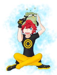 Rule 34 | absurdres, aiba takumi, blue eyes, bubbmon, digimon, goggles, goggles on head, highres, pacifier, red hair, short hair