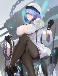 Rule 34 | 1girl, azur lane, black gloves, black pantyhose, blue eyes, blue hair, blush, breasts, chain, chapayev (azur lane), covered erect nipples, crossed legs, gloves, hair over one eye, hat, head tilt, highres, holding, holding chain, jacket, large breasts, long sleeves, looking at viewer, military hat, pantyhose, parted lips, peaked cap, short hair, sitting, smile, solo, uyuyuun, white hat, white jacket