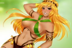 Rule 34 | 1girl, armlet, blonde hair, blush, breasts, brown eyes, cassandra (fap ceo), cowboy shot, dutch angle, facing viewer, fap ceo, long hair, looking at viewer, medium breasts, navel, o-ring, o-ring top, revealing clothes, smile, solo, tattoo, tribal clothes, tribal tattoo, underboob