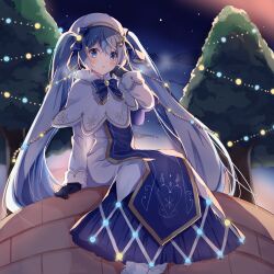Rule 34 | 1girl, absurdres, beret, black gloves, blue eyes, blue hair, blush, braid, braided bangs, capelet, cloud, commentary request, dress, feet out of frame, gloves, hair between eyes, hand up, hat, hatsune miku, highres, long hair, long sleeves, night, night sky, outdoors, parted lips, sitting, sky, solo, tree, twintails, very long hair, vocaloid, white capelet, white dress, white hat, yuki miku, yuki miku (2021), yuruno