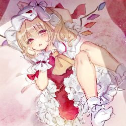 Rule 34 | 1girl, arm above head, arm up, ascot, blonde hair, bloomers, blush, bobby socks, bright pupils, commentary request, crystal, fang, flandre scarlet, flat chest, foot out of frame, frilled shirt collar, frills, hair between eyes, hand on own cheek, hand on own face, hand up, hat, knees together feet apart, light particles, looking at viewer, lying, mob cap, no shoes, on back, on bed, one side up, parted lips, petticoat, puffy short sleeves, puffy sleeves, red eyes, red skirt, red vest, short hair, short sleeves, skin fang, skirt, socks, solo, sorani (kaeru0768), touhou, underwear, upskirt, vest, white hat, white pupils, white socks, wings, wrist cuffs, yellow ascot