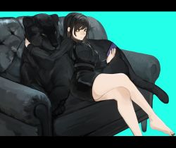 Rule 34 | 1girl, absurdres, animal, bare legs, barefoot, black hair, black sweater, blue background, couch, feet, green eyes, highres, holding, holding phone, crossed legs, looking at phone, megumi chu chu, mole, mole under mouth, nail polish, original, panther, pencil skirt, phone, ribbed sweater, simple background, sitting, skirt, smile, sweater