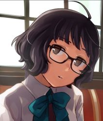 Rule 34 | 1girl, ahoge, bespectacled, black-framed eyewear, blunt bangs, bow, bowtie, brown eyes, brown hair, close-up, commentary request, glasses, kantai collection, kishinami (kancolle), looking at viewer, makio (makiomeigenbot), school uniform, shirt, short hair, solo, wavy hair, white shirt, window