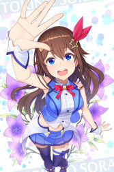Rule 34 | 1girl, :d, ankle boots, arm at side, blouse, blue eyes, blue skirt, blue thighhighs, blue vest, boots, brown hair, brown thighhighs, contrapposto, flower, flower request, foreshortening, from above, hair between eyes, hair flaps, hair ornament, hand up, highres, hololive, idol, itou (onsoku tassha), leg ribbon, looking at viewer, miniskirt, neck ribbon, open mouth, pleated skirt, purple flower, purple footwear, reaching, reaching towards viewer, red ribbon, ribbon, shirt, skirt, smile, solo, standing, star (symbol), star hair ornament, thigh ribbon, thighhighs, tokino sora, tokino sora (1st costume), vest, virtual youtuber, waist cape, white shirt