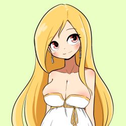 Rule 34 | 1girl, areola slip, artist request, bare shoulders, blonde hair, blush, breasts, cleavage, crusaders quest, dress, earrings, green background, head tilt, jewelry, large breasts, long hair, red eyes, simple background, sleeveless