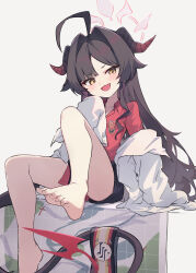 Rule 34 | 1girl, absurdres, ahoge, barefoot, black hair, black horns, black shorts, blue archive, breasts, coat, demon horns, feet, fujimaki nora, hair intakes, halo, highres, horns, kasumi (blue archive), lab coat, long hair, red halo, red shirt, shirt, shirt tucked in, shorts, simple background, sleeves past fingers, sleeves past wrists, small breasts, solo, white background, white coat, yellow eyes