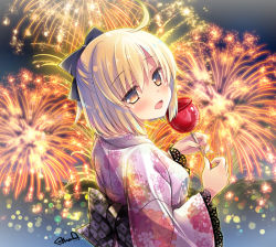 Rule 34 | 1girl, ahoge, alternate costume, black bow, blonde hair, blush, bow, candy apple, commentary request, fate/grand order, fate (series), fireworks, floral print, food, from behind, hair bow, half updo, ikegami akane, japanese clothes, kimono, koha-ace, lace, lace-trimmed kimono, lace trim, looking at viewer, looking back, night, obi, okita souji (fate), okita souji (koha-ace), one side up, open mouth, outdoors, sash, short hair, signature, smile, solo, yukata