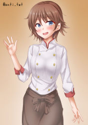 Rule 34 | 1girl, alternate costume, anti (untea9), apron, breasts, brown gloves, brown hair, buttons, chef, collared shirt, cowboy shot, double-breasted, flipped hair, gloves, gradient background, grey eyes, hair between eyes, hiei (kancolle), highres, kantai collection, long hair, looking at viewer, medium breasts, open mouth, shirt, short hair, smile, solo, waist apron