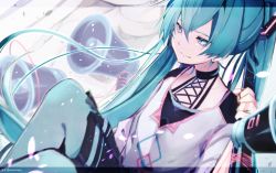 Rule 34 | 1girl, blue eyes, blue hair, casual, commentary, earrings, hair ornament, halterneck, hatsune miku, highres, holding, holding megaphone, jewelry, knees up, long hair, looking at viewer, megaphone, petals, sitting, skirt, smirk, solo, string, string around finger, thighhighs, twintails, very long hair, vocaloid, wanaxtuco, zoom layer