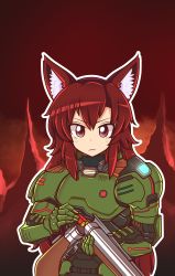 Rule 34 | 1girl, absurdres, armor, blush, closed mouth, cosplay, doom (series), doomguy, doomguy (cosplay), gun, highres, holding, holding gun, holding weapon, imaizumi kagerou, long hair, looking at viewer, majormilk, power armor, red eyes, red hair, shotgun, shotgun shell, smile, solo, touhou, upper body, weapon, wool (miwol) (style)