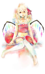Rule 34 | 1girl, adapted costume, bad id, bad pixiv id, badariki, bare shoulders, blonde hair, female focus, flandre scarlet, full body, hat, highres, no headwear, pillow, red eyes, sitting, solo, thighhighs, touhou, white thighhighs, wings, zettai ryouiki