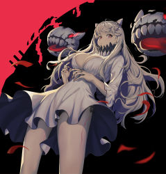 Rule 34 | 1girl, absurdres, abyssal ship, bad id, bad twitter id, blush, breasts, cowboy shot, dress, enemy aircraft (kancolle), highres, horns, kantai collection, large breasts, long dress, long hair, midway princess, nail polish, oweee, pale skin, red eyes, red nails, solo, very long hair, white dress, white hair