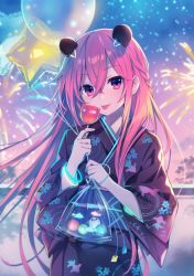 Rule 34 | animal ears, backlighting, candy, fireworks, food, japanese clothes, kimono, lollipop, original, panda ears, red eyes, red hair, tsunako, yukata