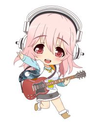 Rule 34 | 1girl, blush, breasts, chibi, electric guitar, female focus, guitar, headphones, instrument, large breasts, long hair, looking at viewer, nendoroid, nitroplus, open mouth, pink hair, pom pom (clothes), red eyes, smile, solo, super sonico, tsuji santa
