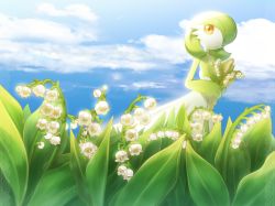 Rule 34 | 1girl, blue sky, bob cut, closed mouth, cloud, colored skin, creatures (company), day, female focus, flat chest, flower, french text, game freak, gardevoir, gen 3 pokemon, green hair, green skin, hair over one eye, happy, holding, holding flower, lily of the valley, looking to the side, lotosu, multicolored skin, nintendo, outdoors, own hands together, pokemon, pokemon (creature), red eyes, short hair, sky, smile, solo, standing, translated, two-tone skin, white flower, white skin