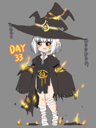 Rule 34 | 1girl, :d, absurdres, alternate body fluid, bailingxiao jiu, bandaged foot, bandaged leg, bandages, black hat, black jacket, black sclera, blush, broken, broken chain, brown eyes, chain, collar, colored sclera, fang, fire, full body, grey background, hat, highres, jacket, long sleeves, looking at viewer, metal collar, open clothes, open jacket, open mouth, original, pelvic curtain, pointy ears, simple background, sleeves past fingers, sleeves past wrists, smile, solo, standing, white hair, witch hat